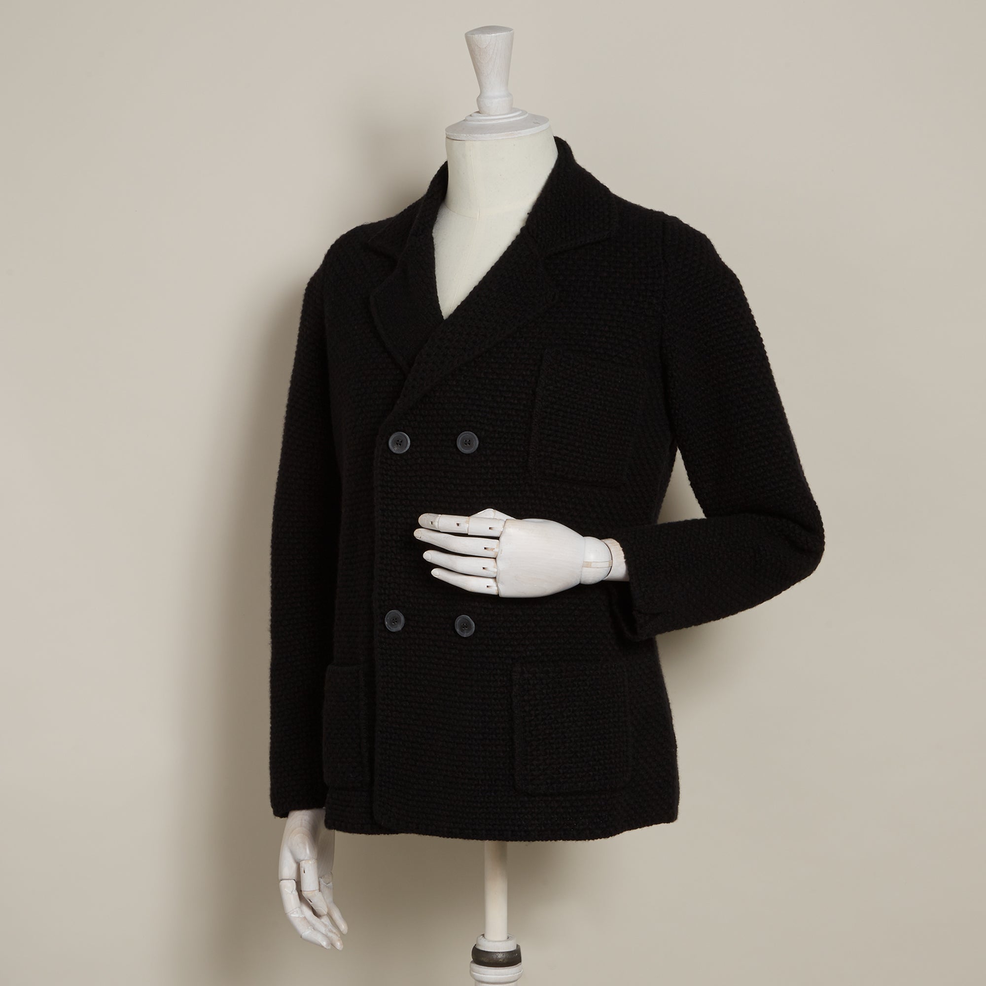 Double Breasted Cashmere and Merino Knitted Jacket In Black