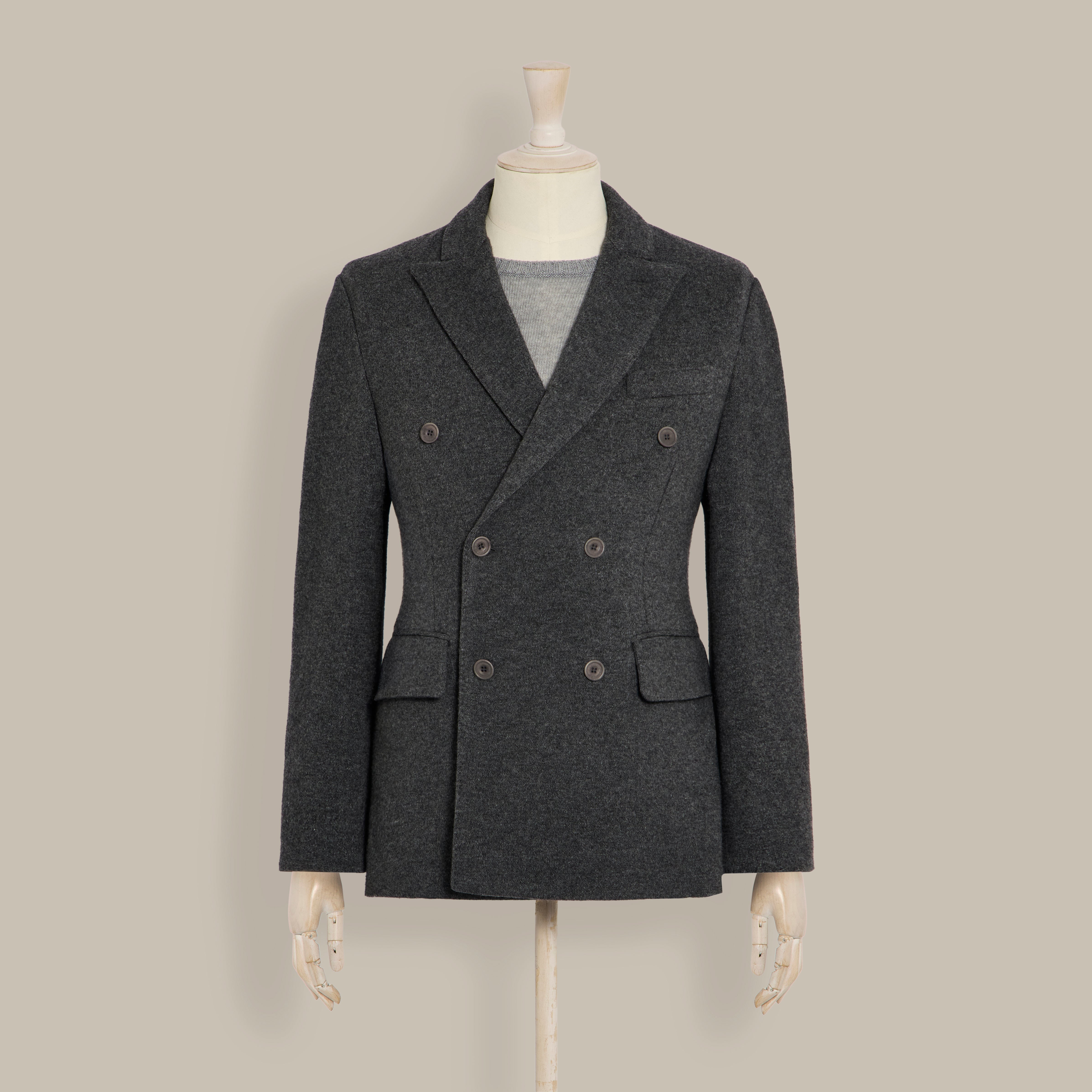 Double Breasted Cashmere Blend Unstructured Knitted Blazer in Grey