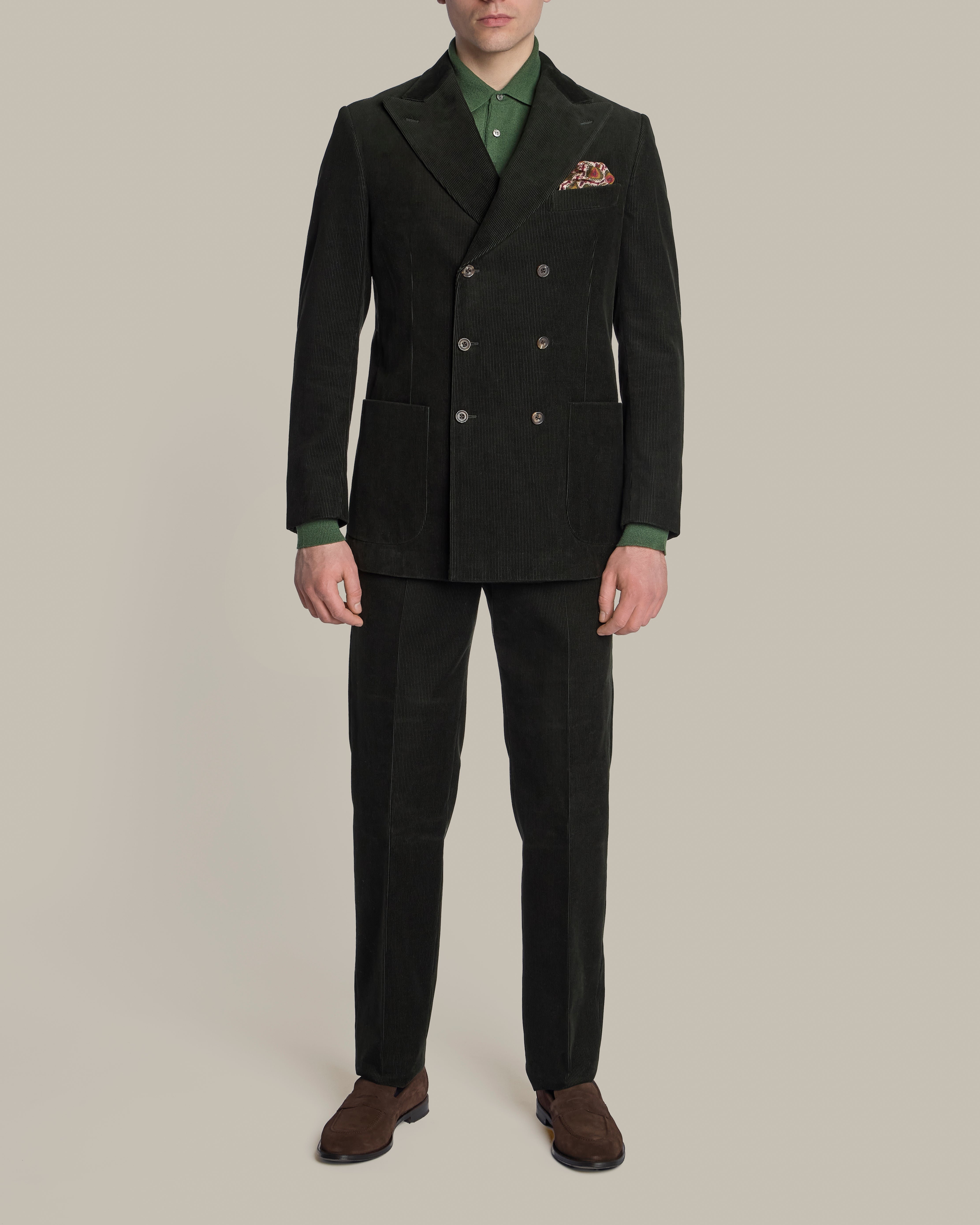 Double Breasted Corduroy Unstructured Suit in Dark Green