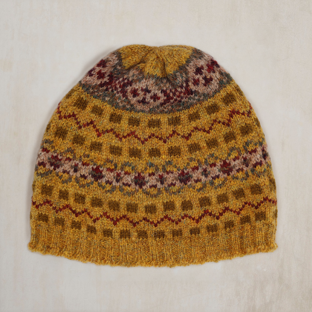 Fair Isle Knitted Beanie Hat In Mustard