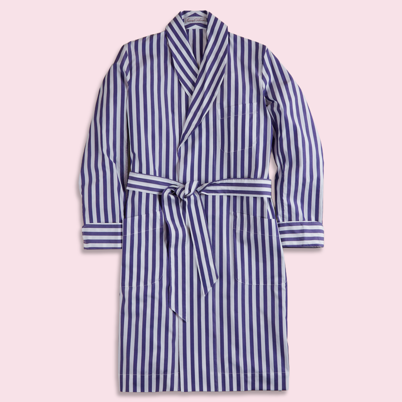 George Cortina For Anderson & Sheppard Wide Stripe Robe in Blue