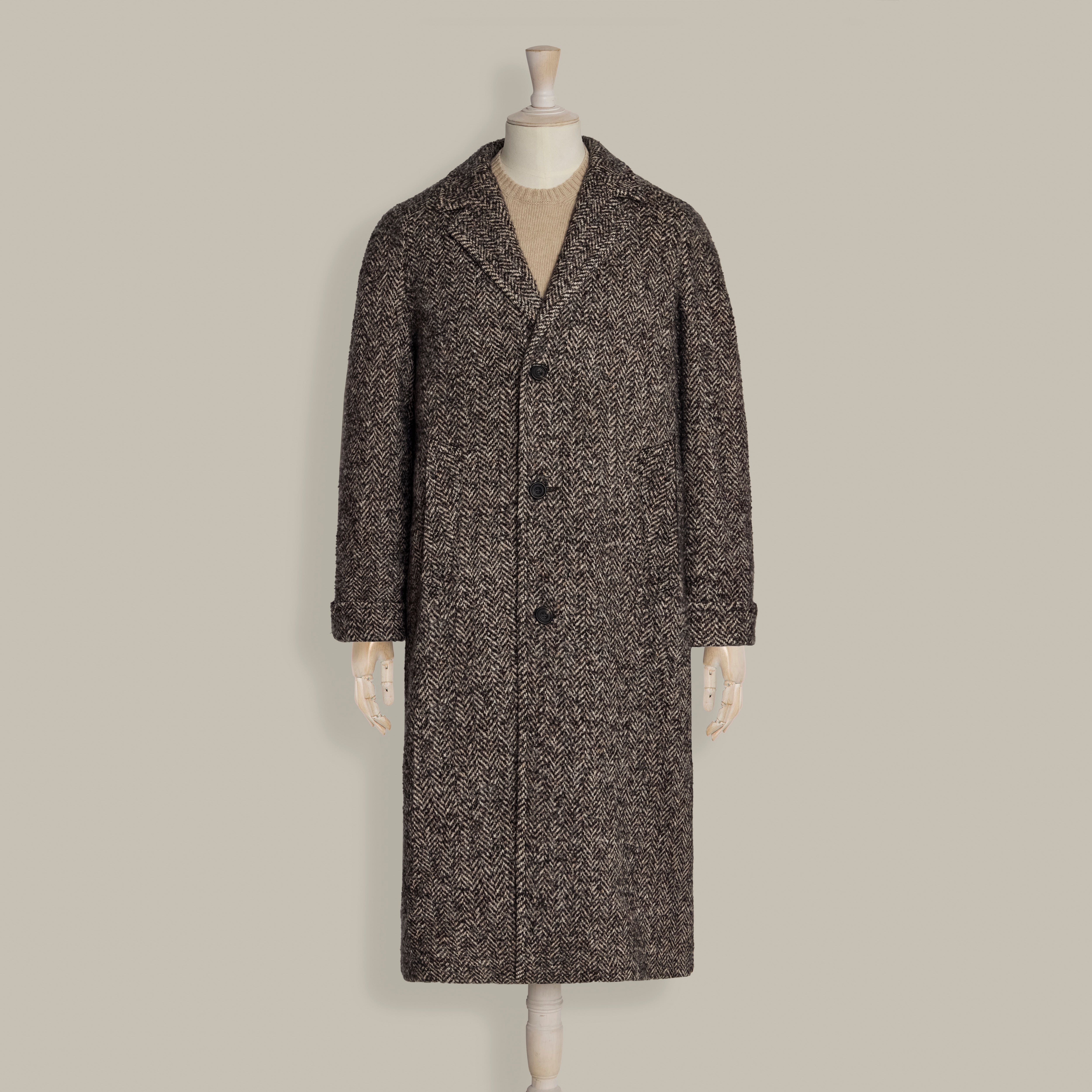 Herringbone Wool and Cashmere Overcoat in Brown
