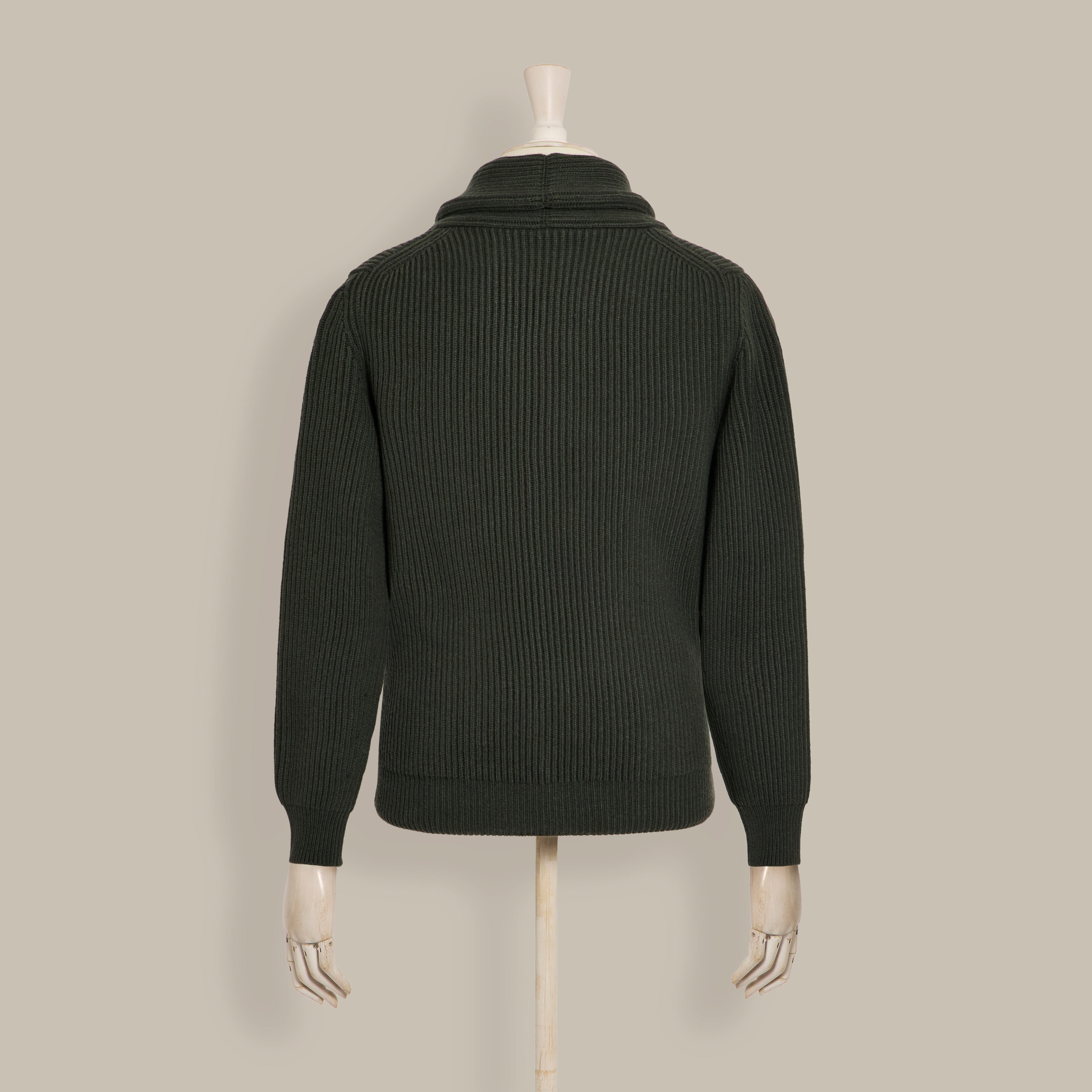 Ribbed Shawl Collar Cashmere Blend Cardigan In Khaki