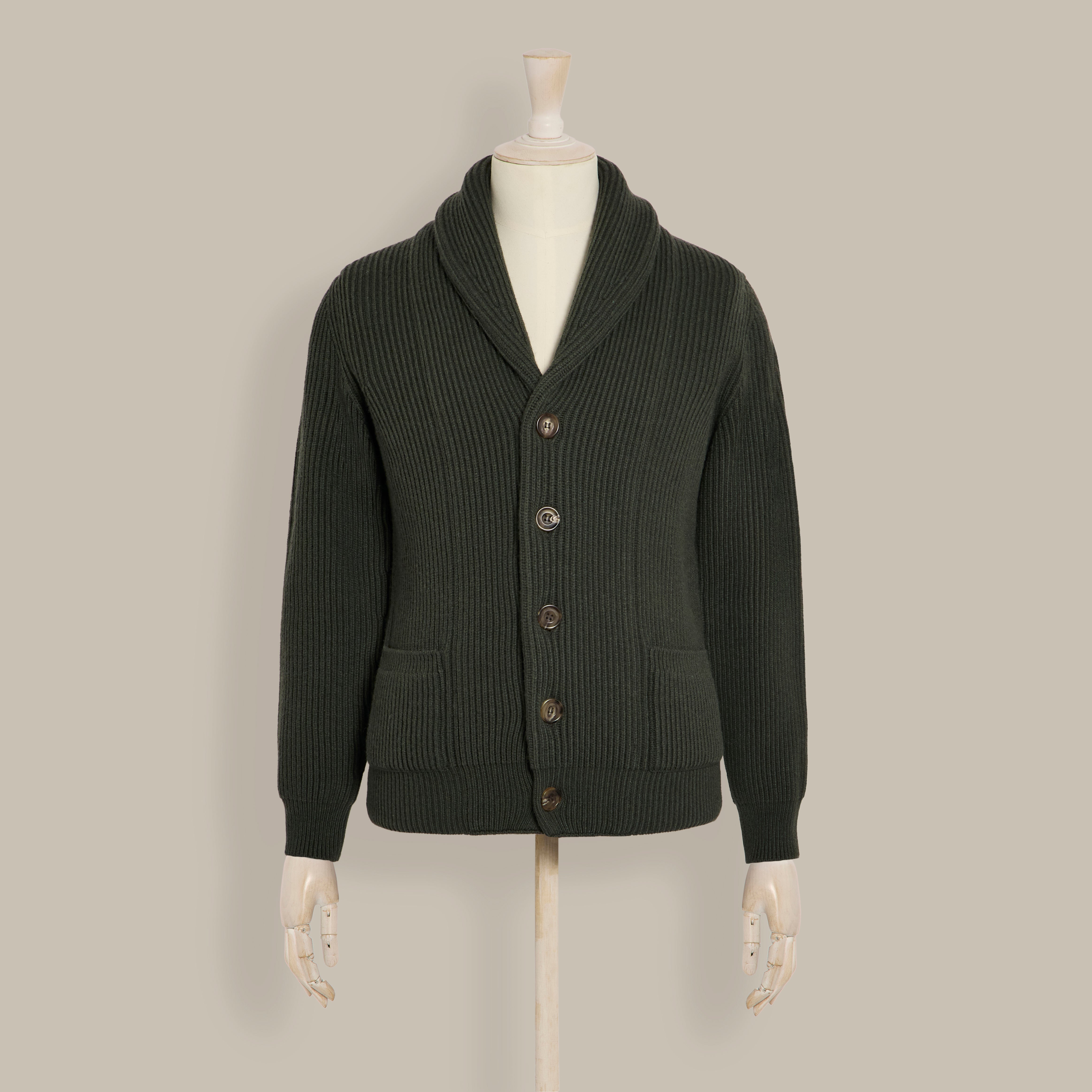 Ribbed Shawl Collar Cashmere Blend Cardigan In Khaki