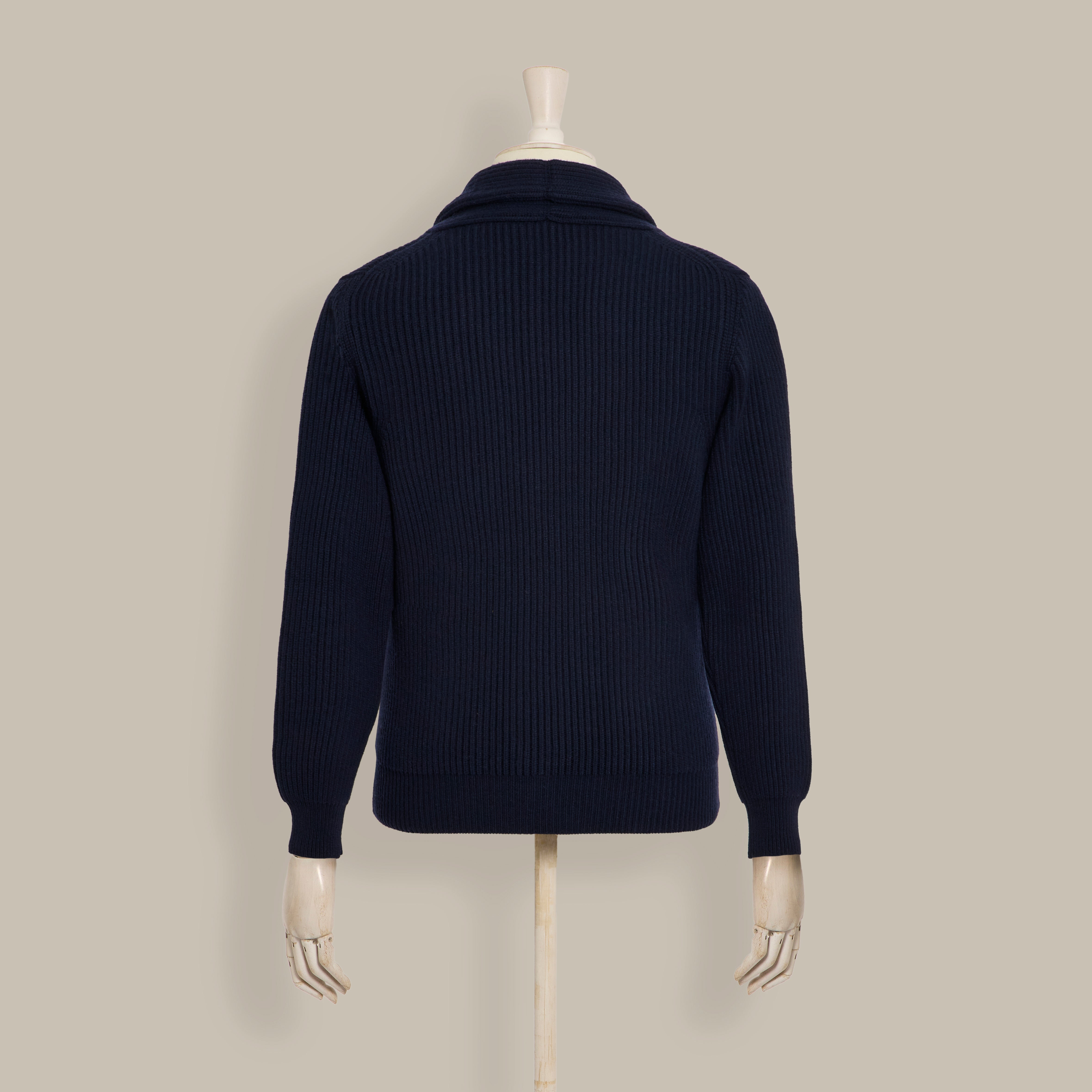 Ribbed Shawl Collar Cashmere Blend Cardigan In Navy