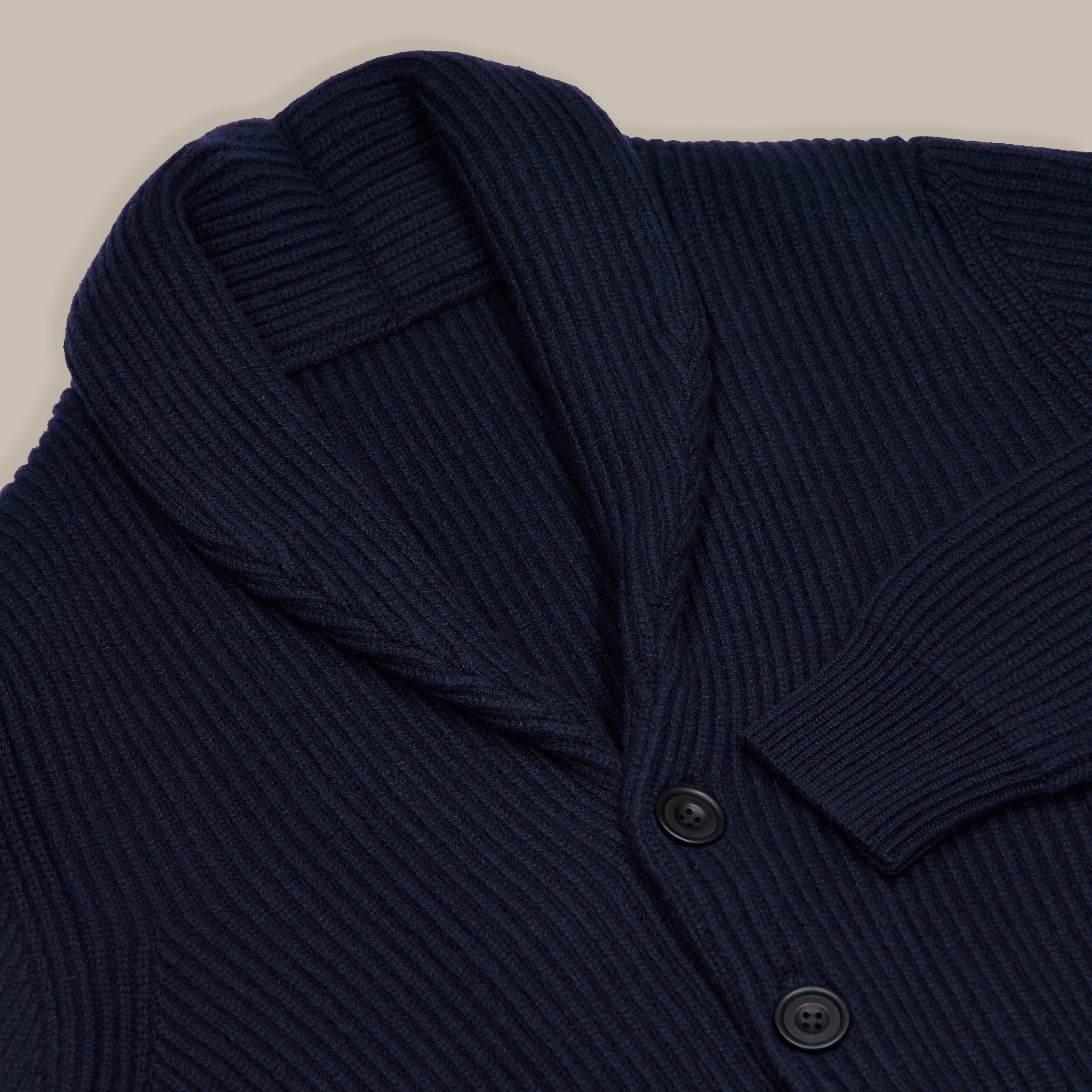 Ribbed Shawl Collar Cashmere Blend Cardigan In Navy