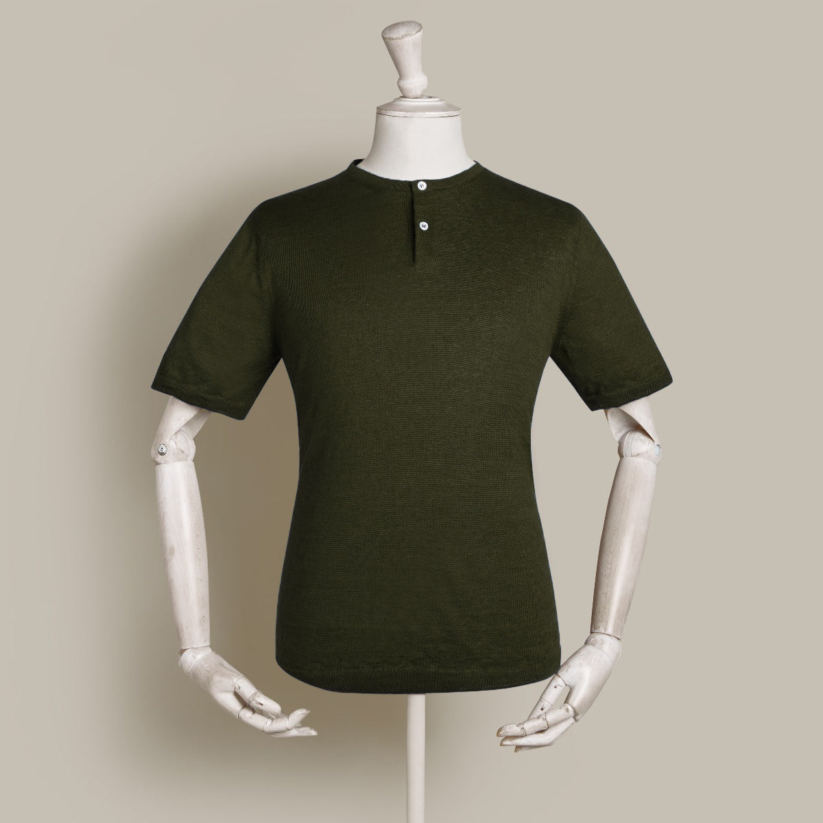 Short Sleeve Knitted Linen Henley Shirt In Khaki