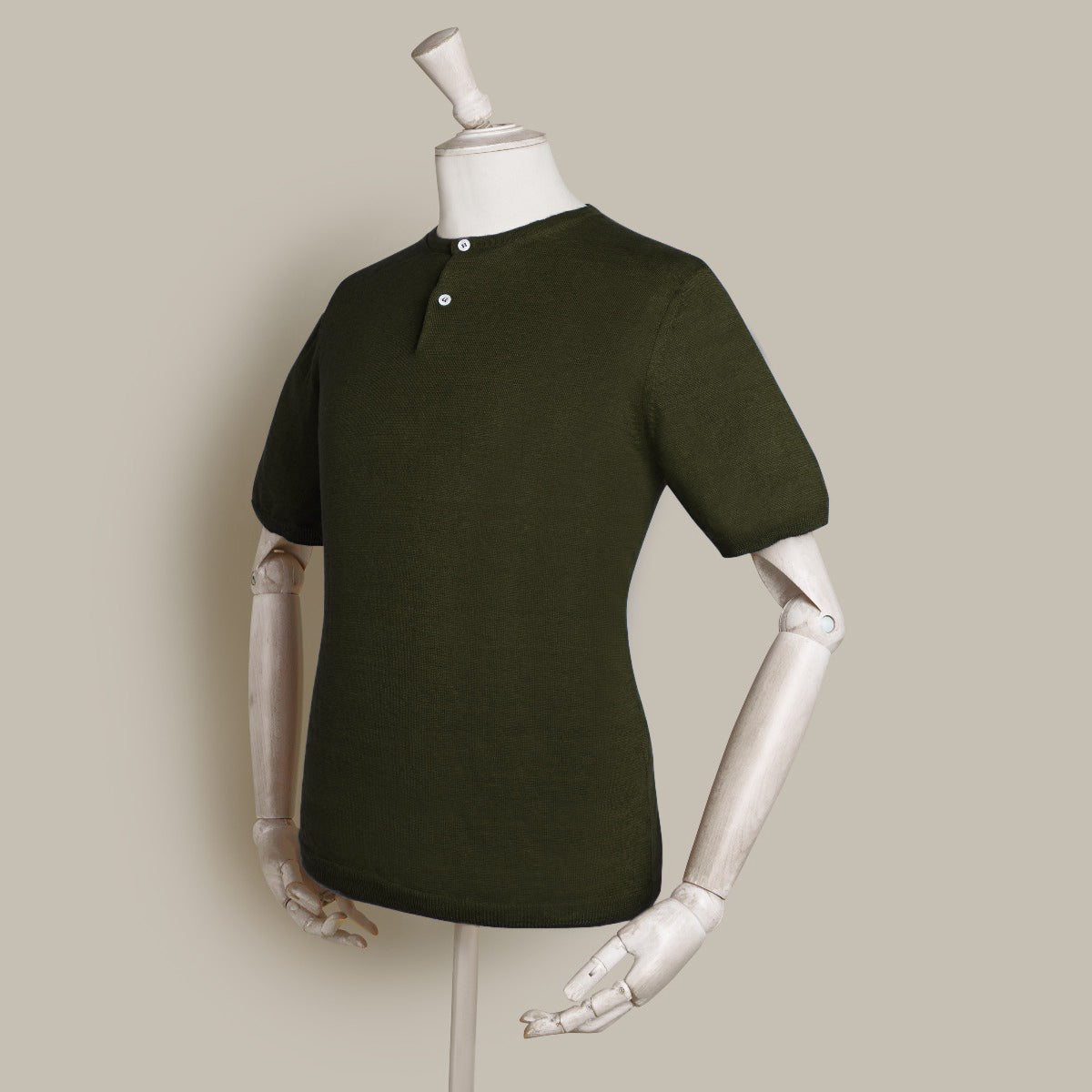 Short Sleeve Knitted Linen Henley Shirt In Khaki