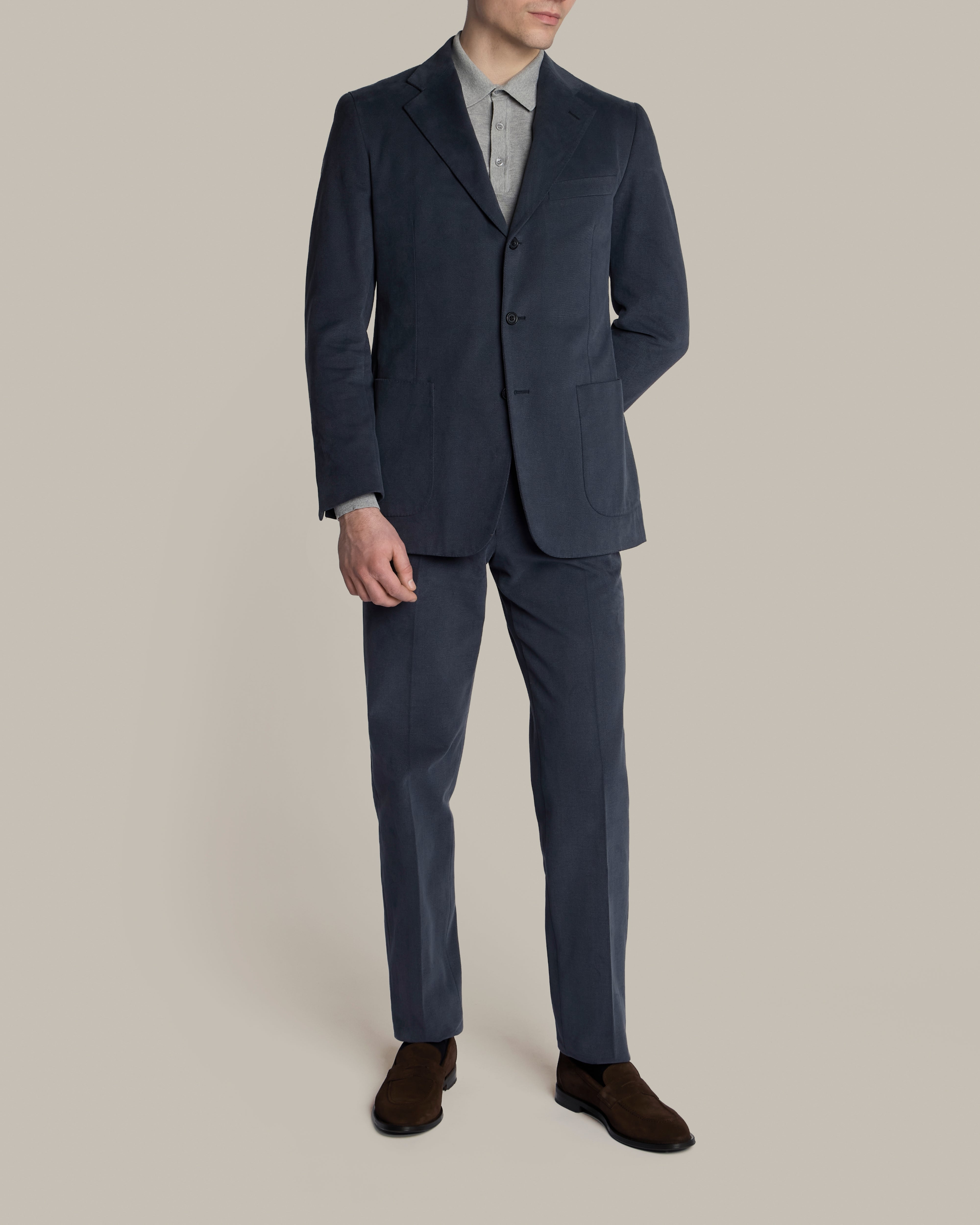 Single Breasted Cotton Drill Unstructured Suit in Dark Blue