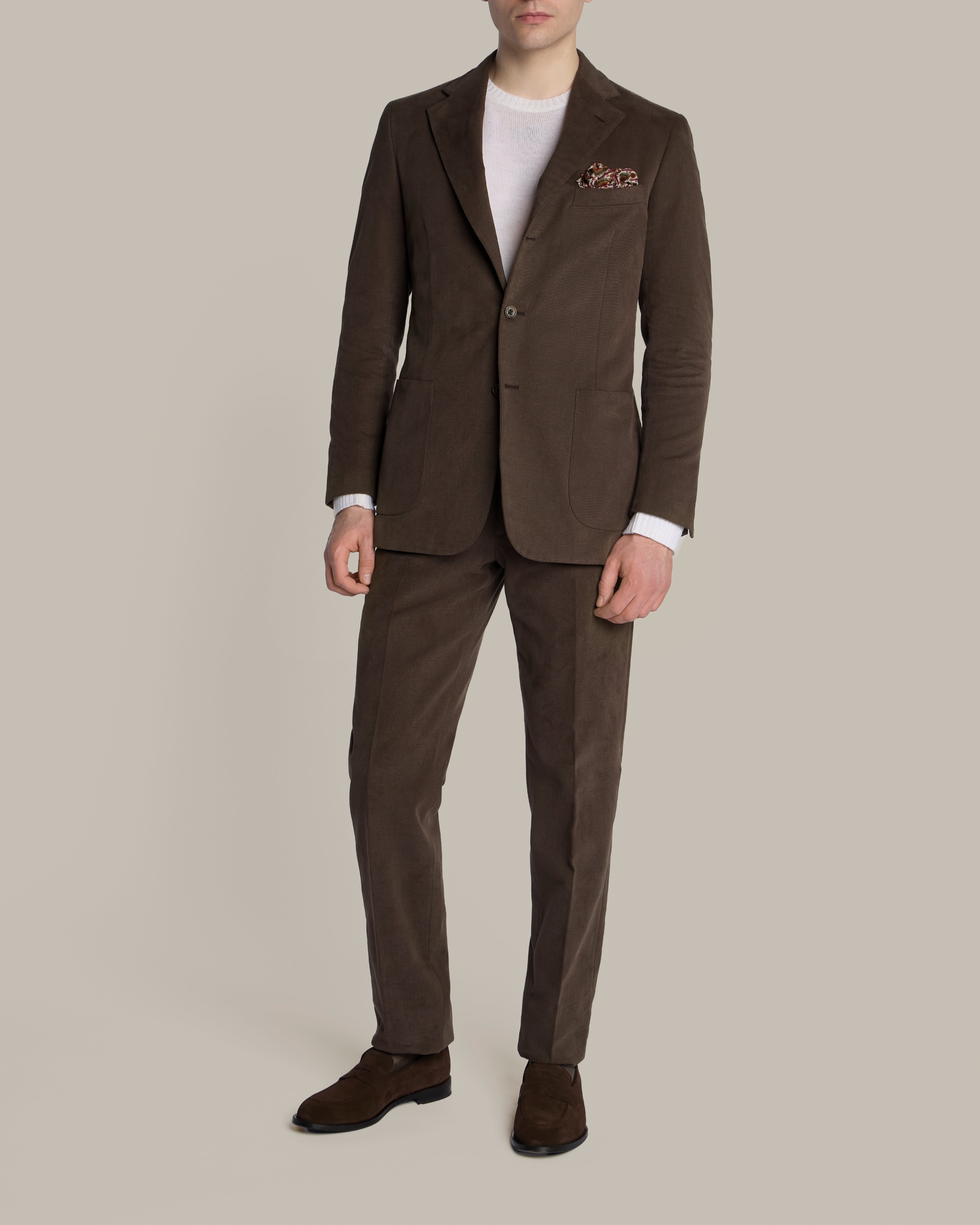 Single Breasted Cotton Drill Unstructured Suit in Chocolate