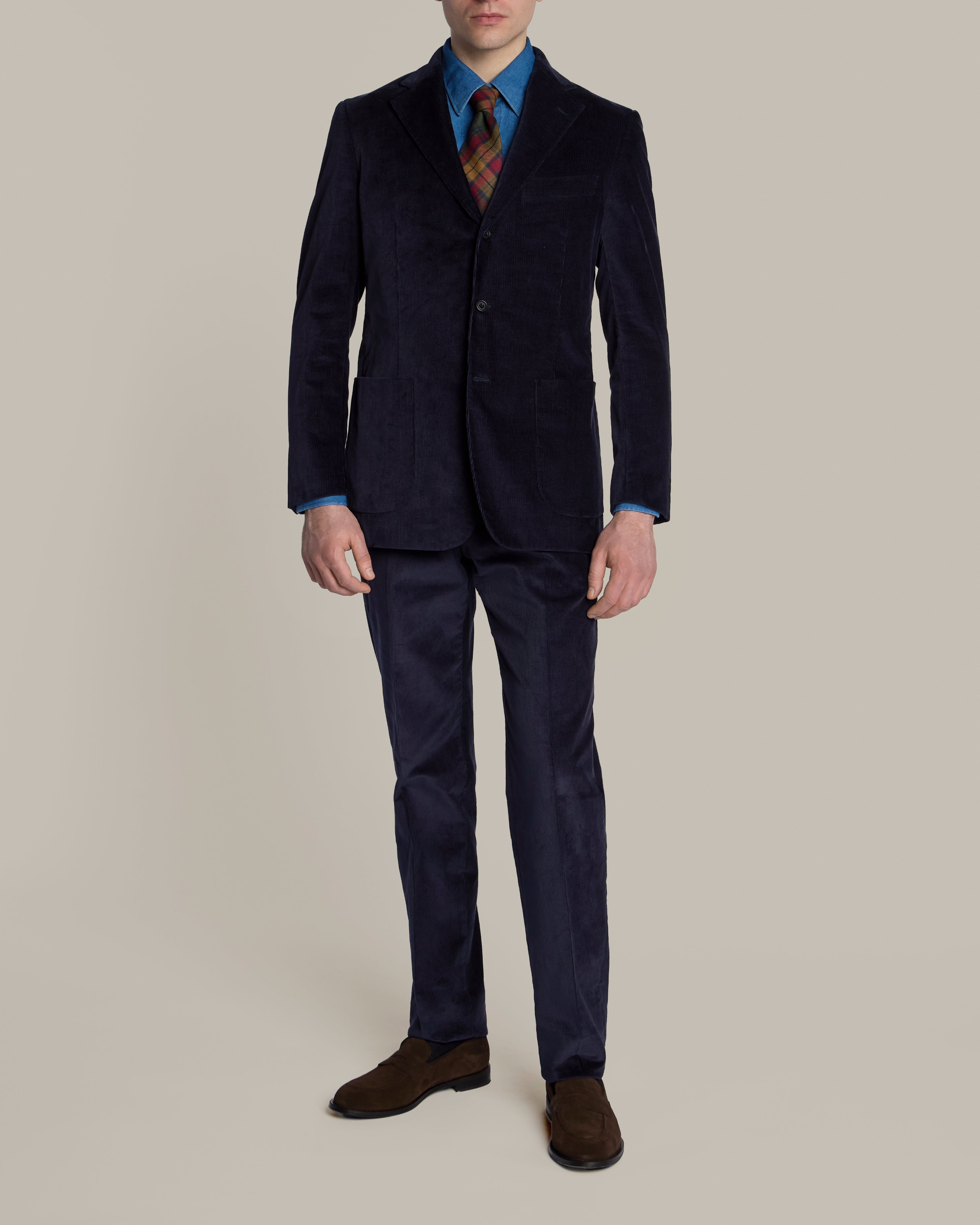 Single Breasted Corduroy Unstructured Suit in Dark Navy