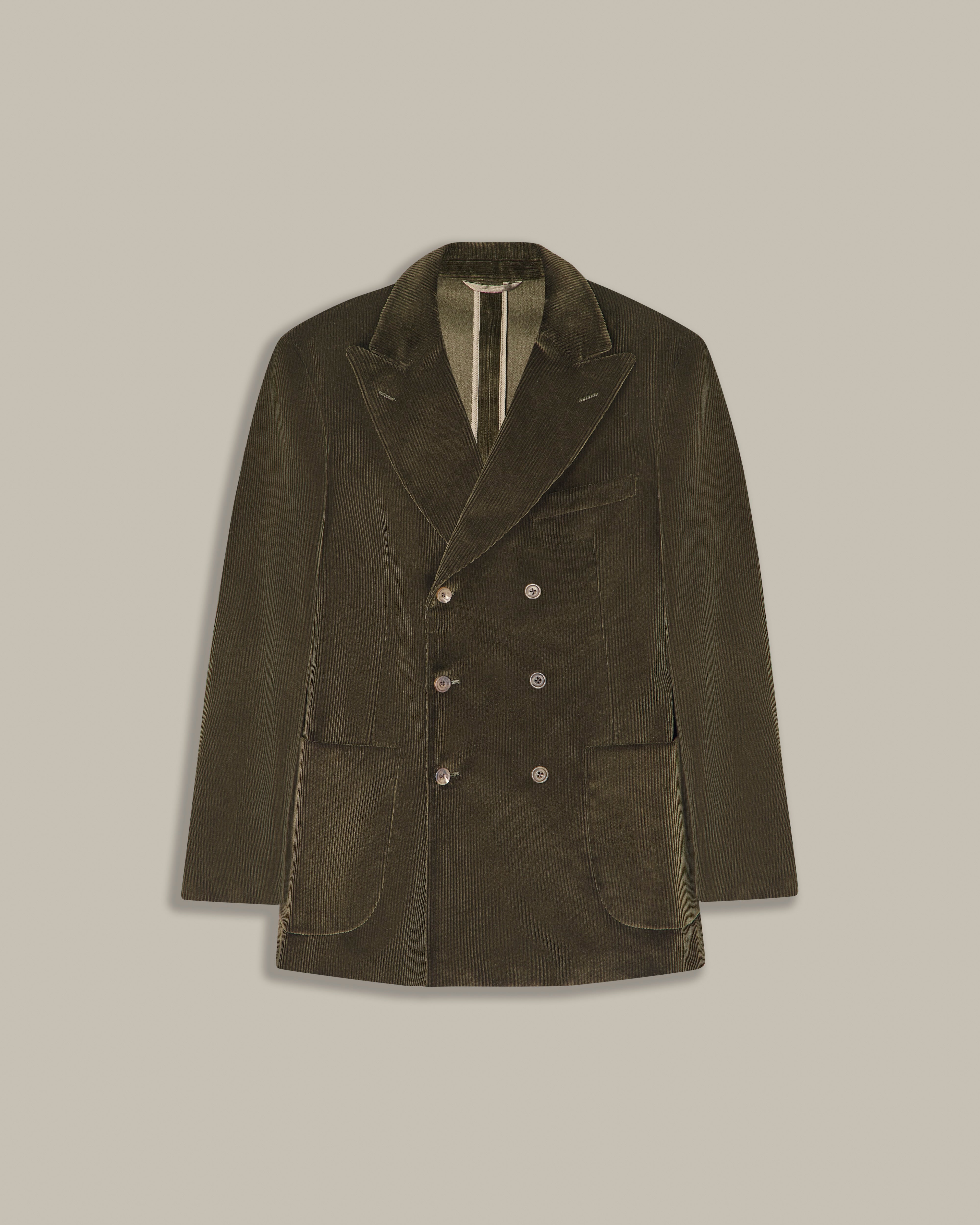 Unstructured Double Breasted Corduroy Jacket in Dark Olive