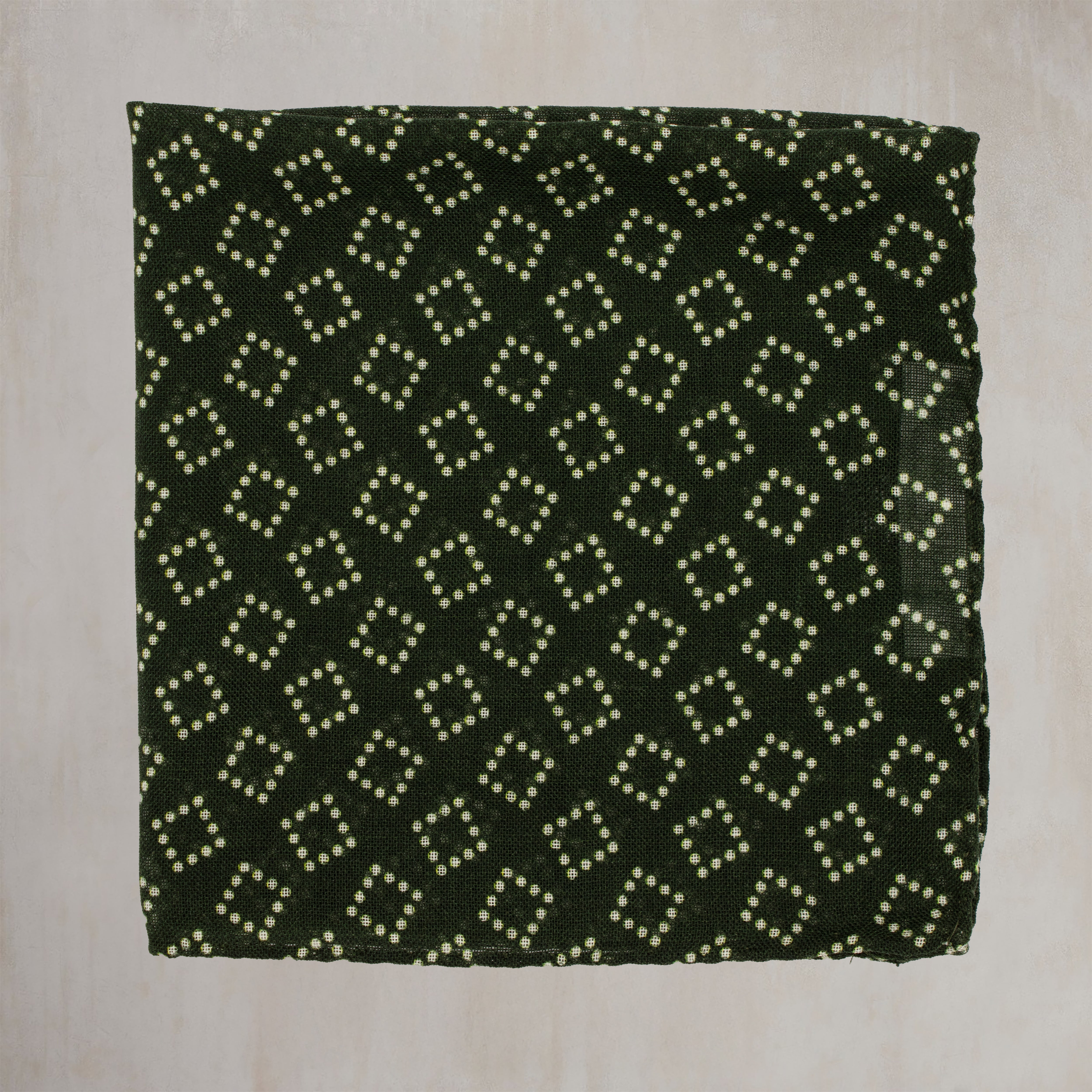 Wool And Silk Pocket Square with Dotted Squares in Dark Green