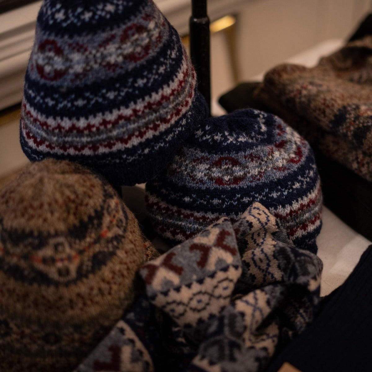 Fair Isle Knitted Beanie Hat In Navy