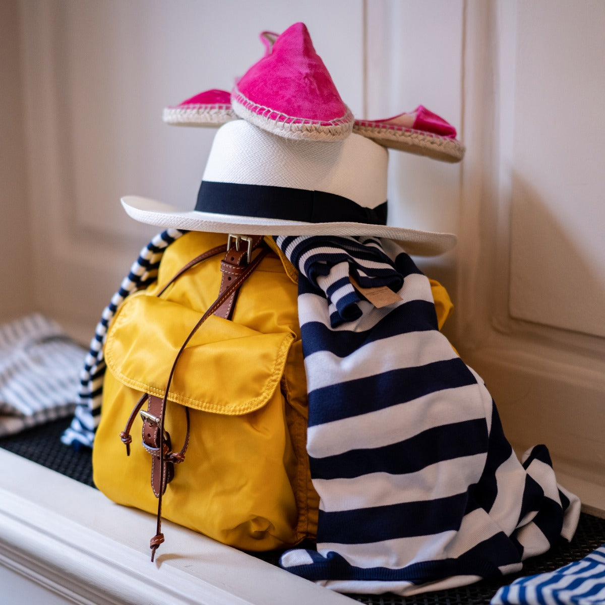 Leather Trimmed Nylon Backpack In Yellow