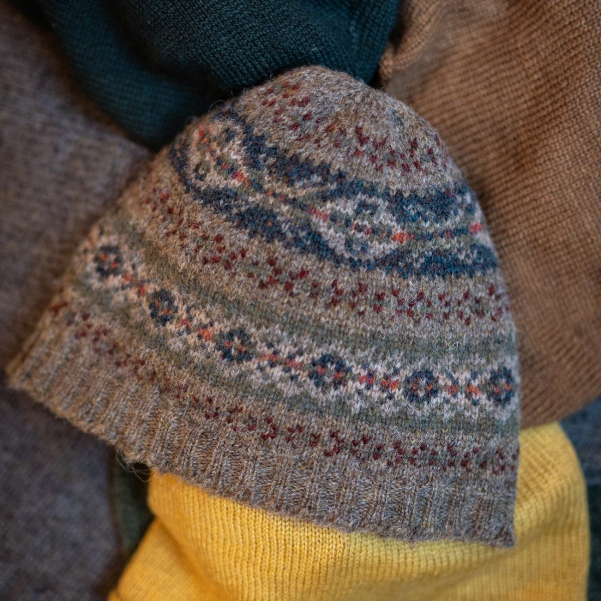 Fair Isle Knitted Beanie Hat In Light Brown