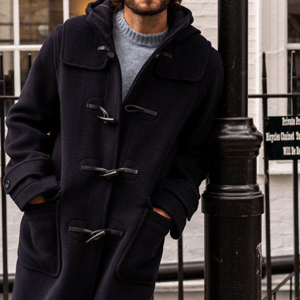 Long Woollen Duffle Coat With Hood In Navy