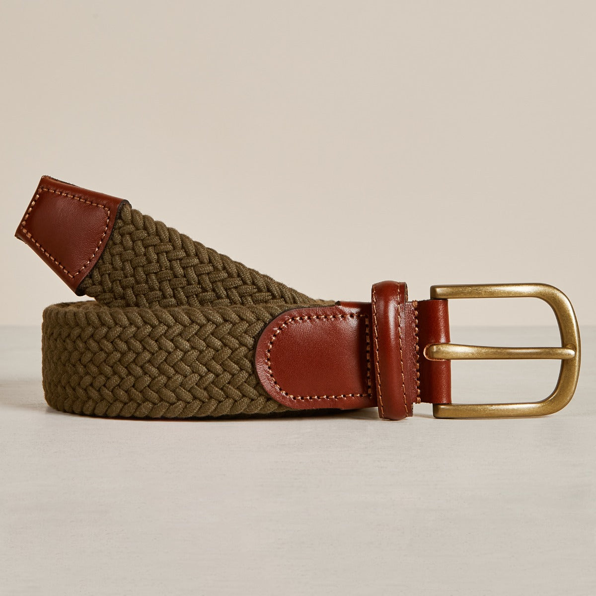 Cotton Elastic Woven Belt In Khaki