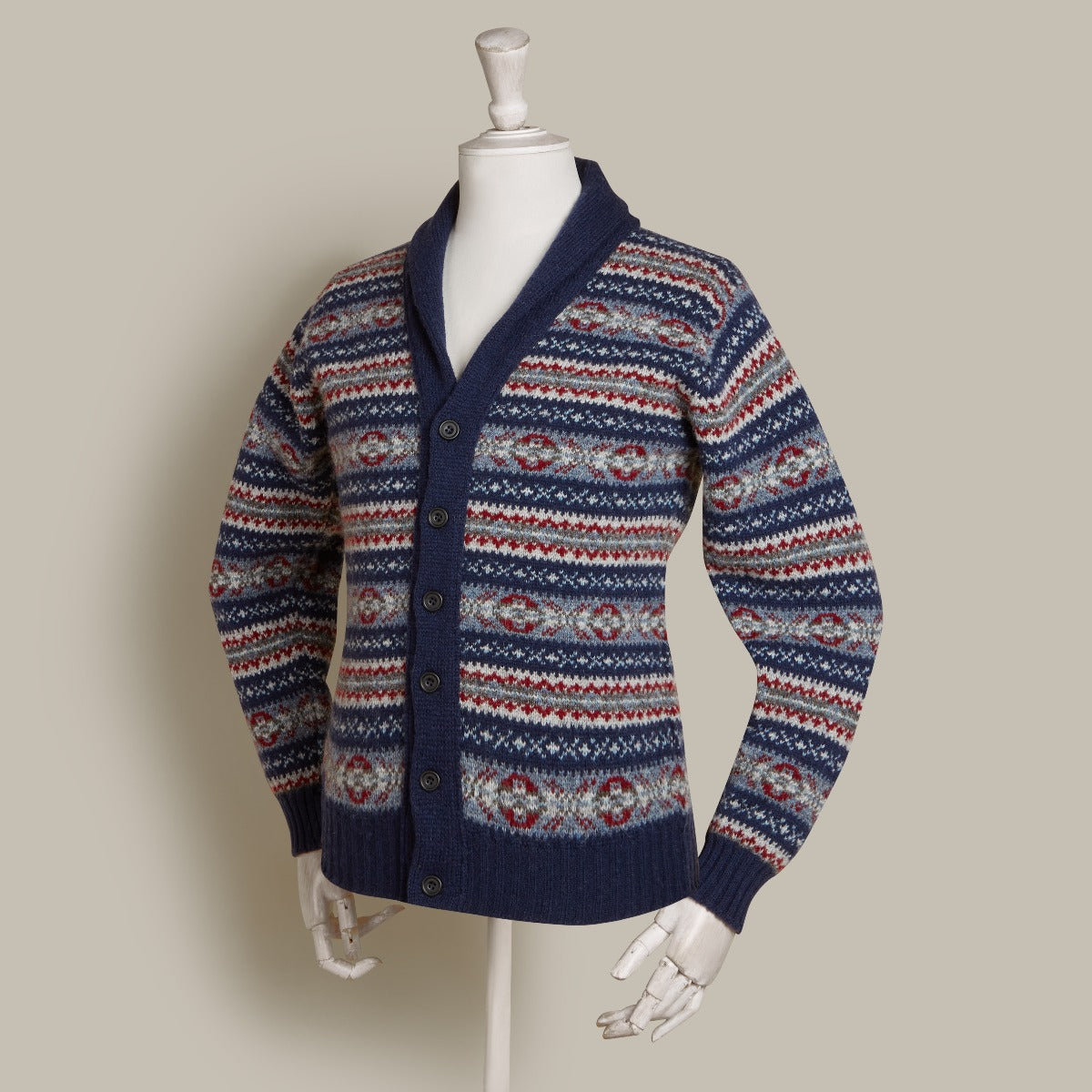 Fair Isle Shawl Collar Cardigan In Navy