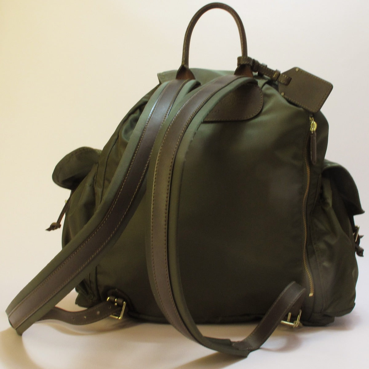 Leather Trimmed Nylon Backpack In Olive