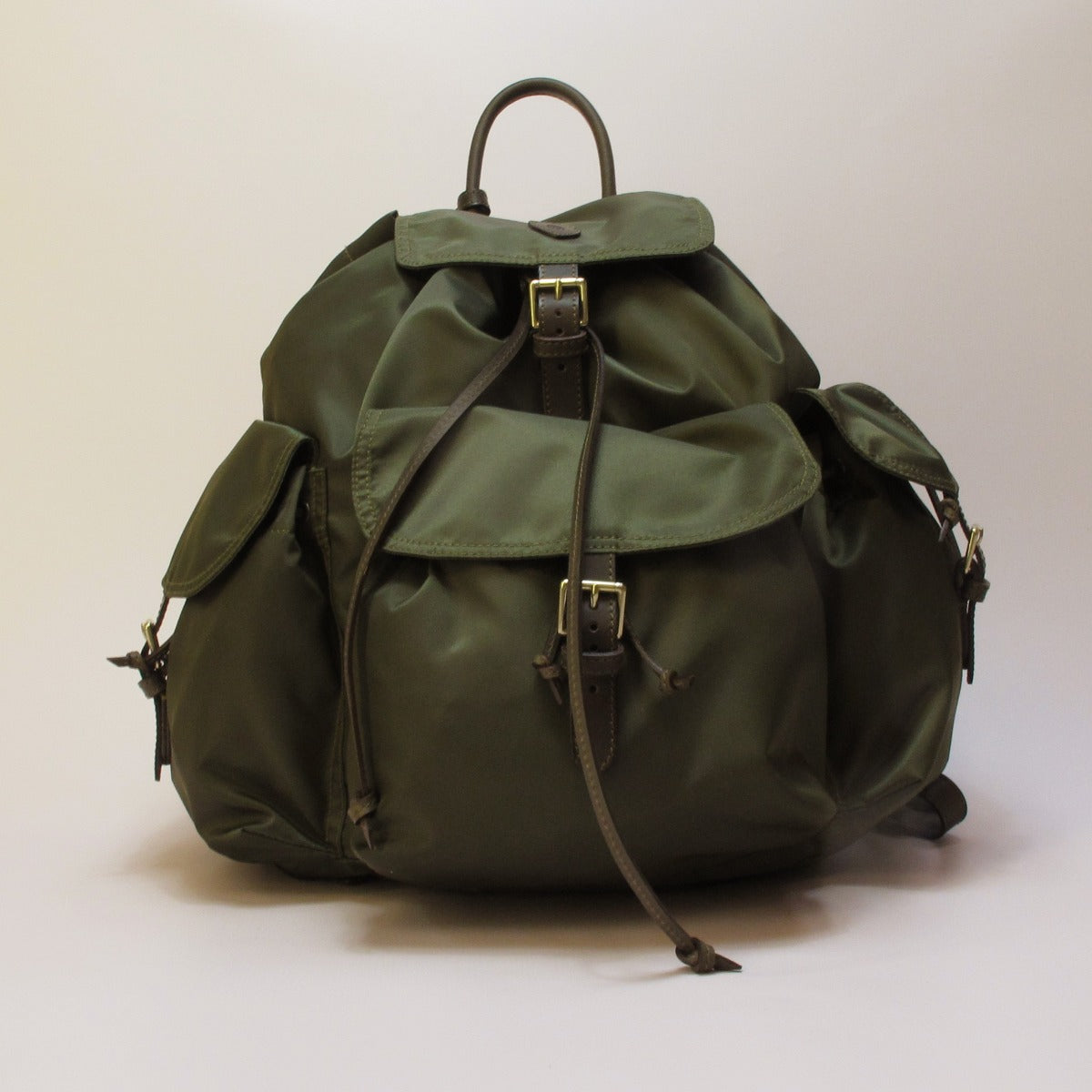 Leather Trimmed Nylon Backpack In Olive