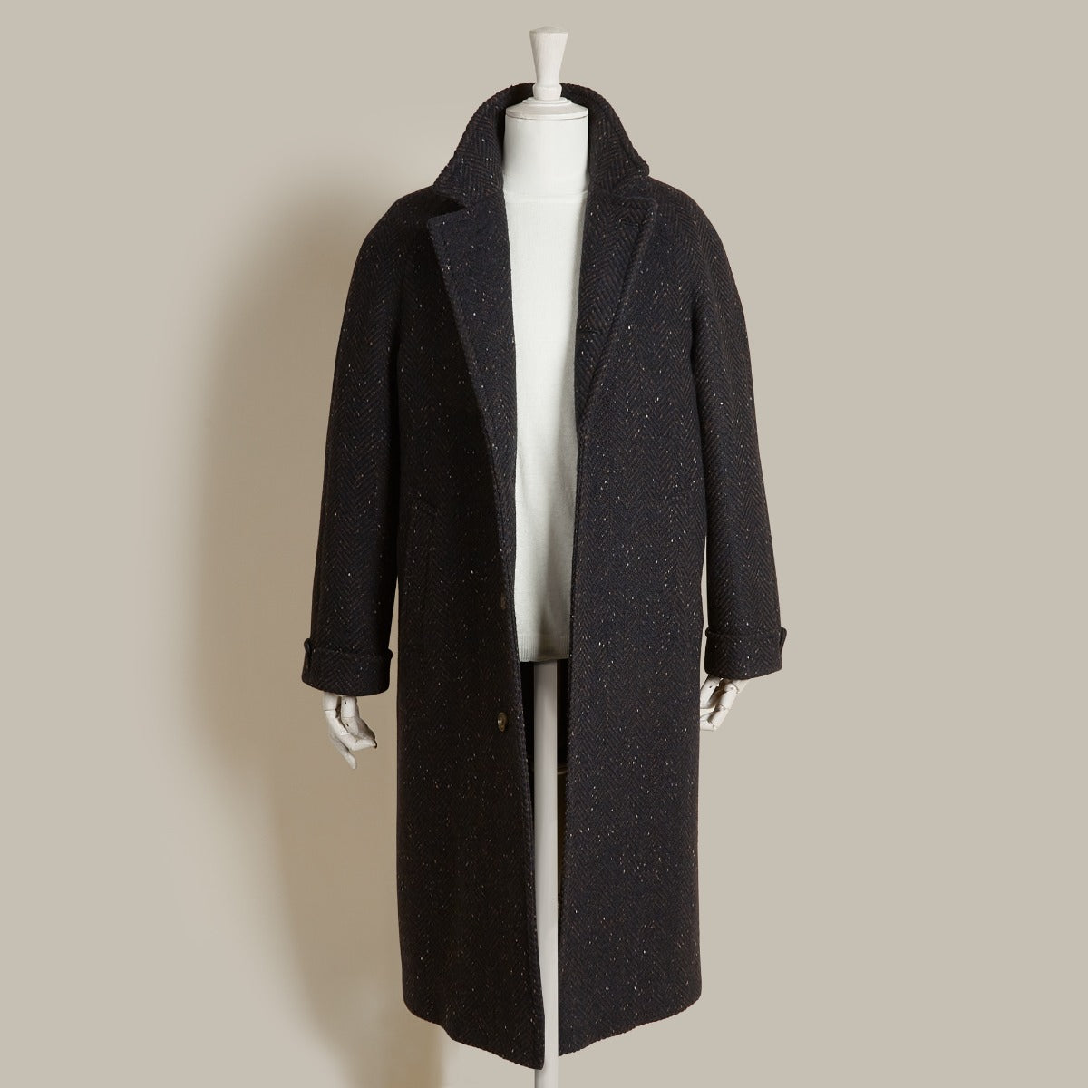 Handwoven Herringbone Woollen Overcoat In Navy