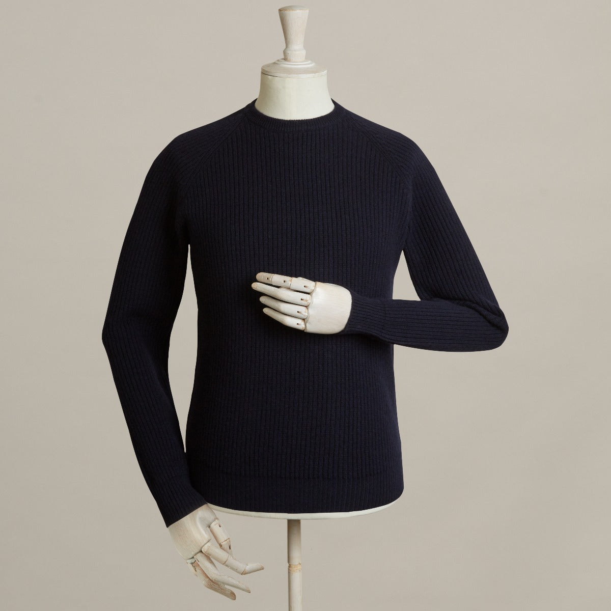 Navy Merino Wool Ribbed Crew Neck Sweater