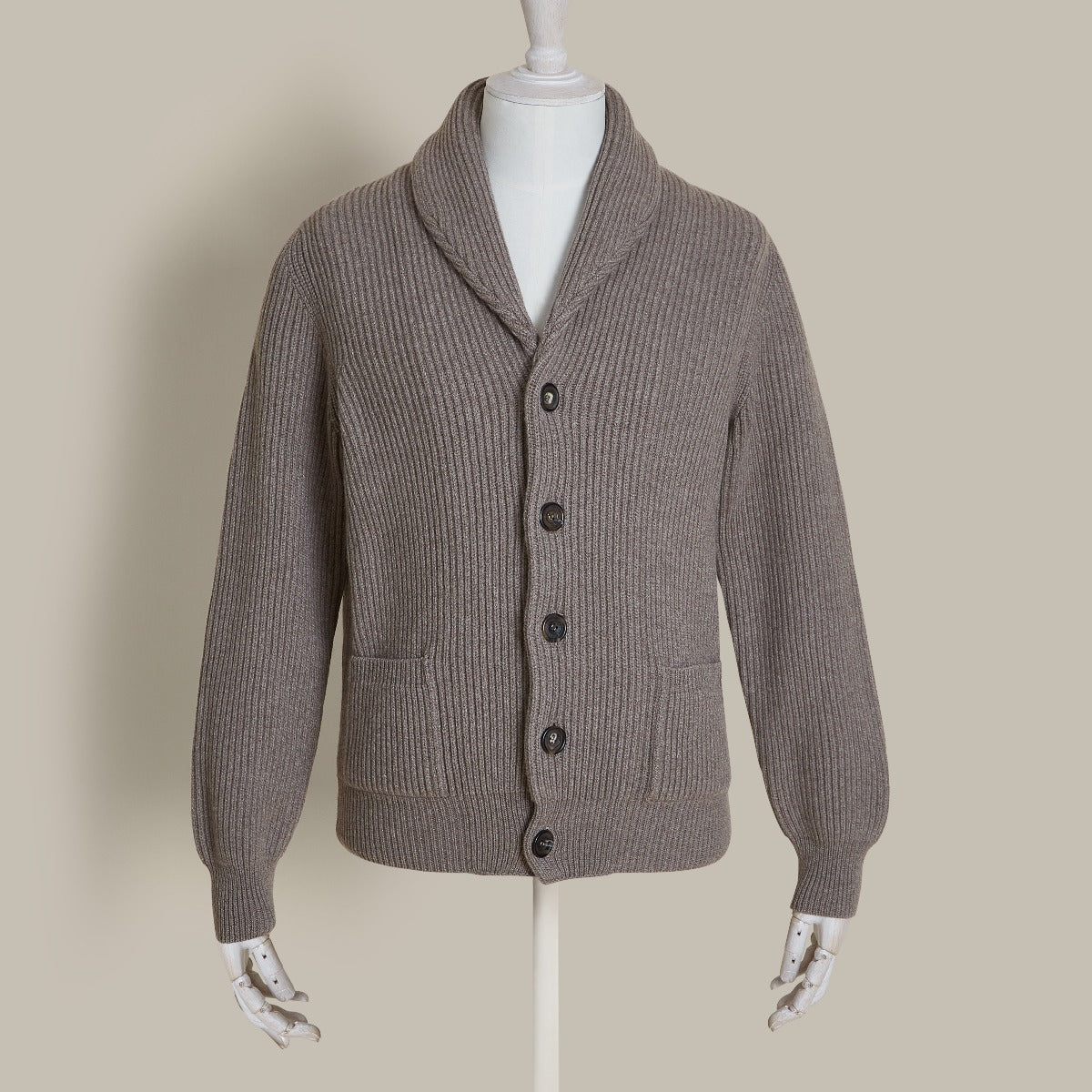 Rib Shawl Collar Cardigan In Dark Natural